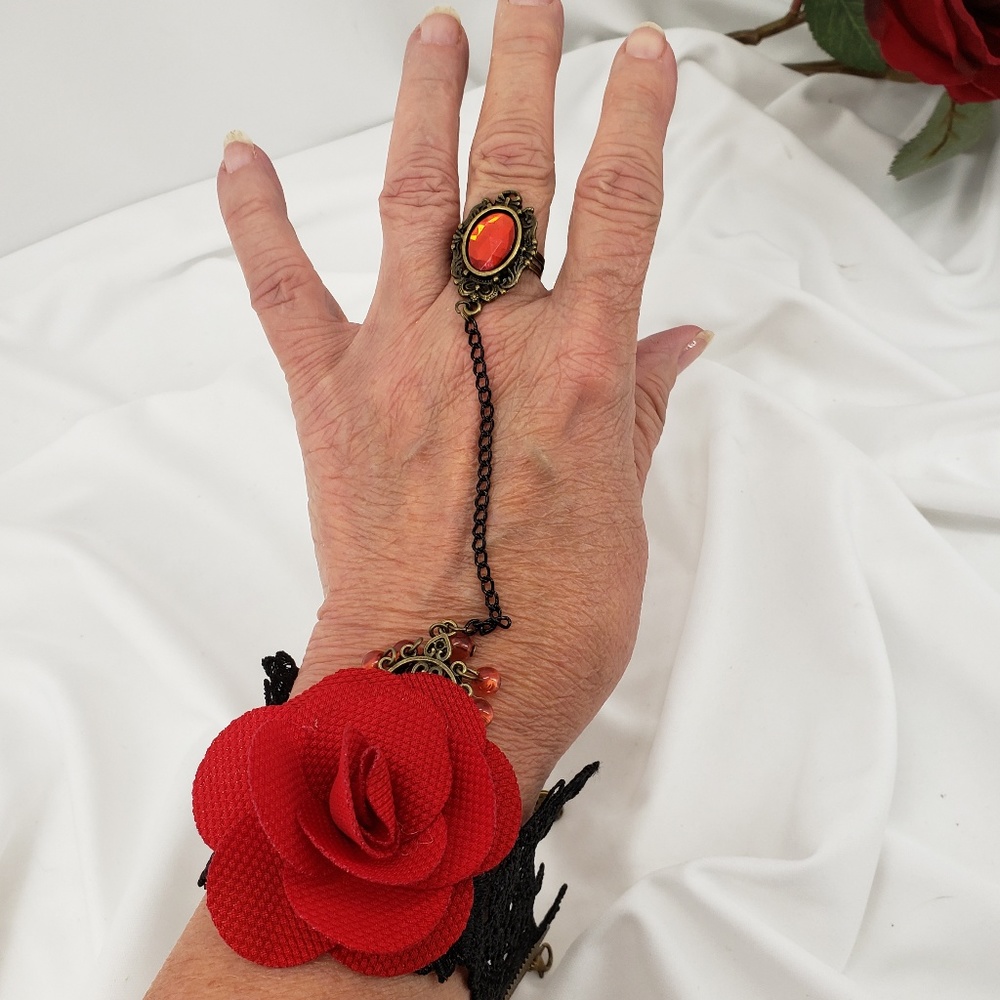 Black Lace and Rose Goth Ring/Bracelet Set